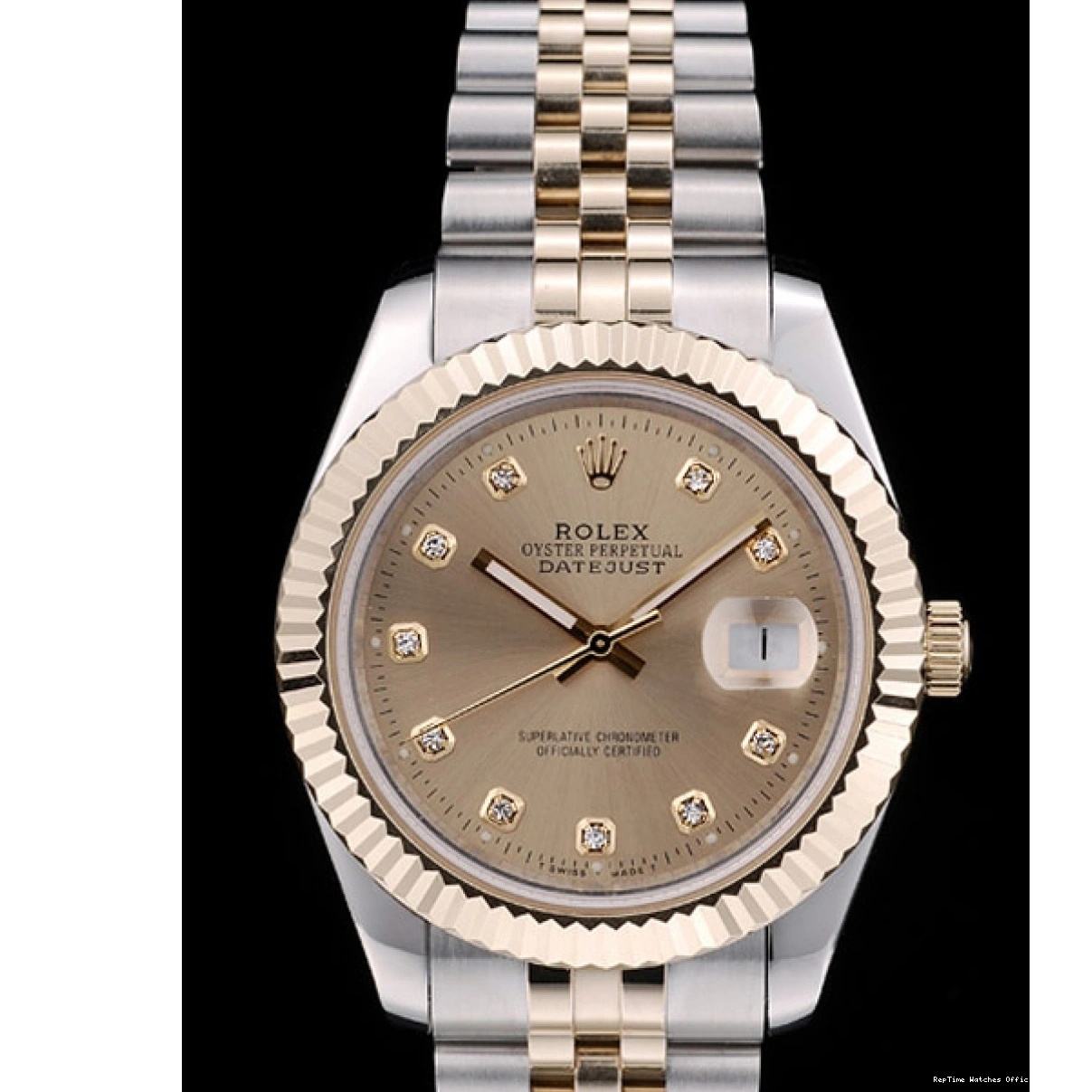 RepTime Watches 0311 Rolex DateJust Gold Stainless Steel Ribbed Bezel Goldish Dial 41978