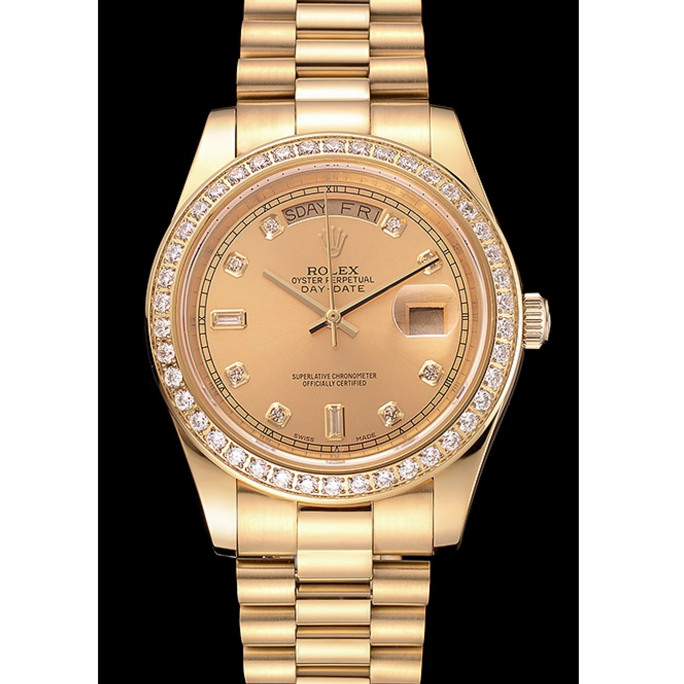 RepTime Watches 0307 Swiss Rolex Day-Date Champagne Dial Diamond Bezel Gold Bracelet 1454099