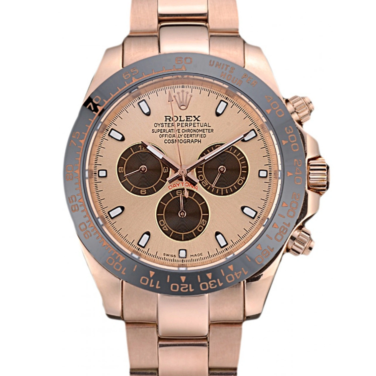 RepTime Watches 0318 Rolex Daytona Ion Plated Tachymeter Rose Gold Strap Rose Gold Dial 80244