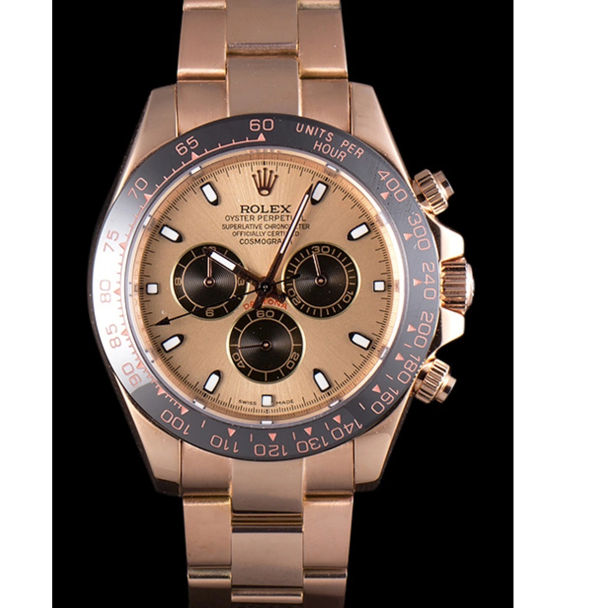 RepTime Watches 0318 Rolex Daytona Ion Plated Tachymeter Rose Gold Strap Rose Gold Dial 80244