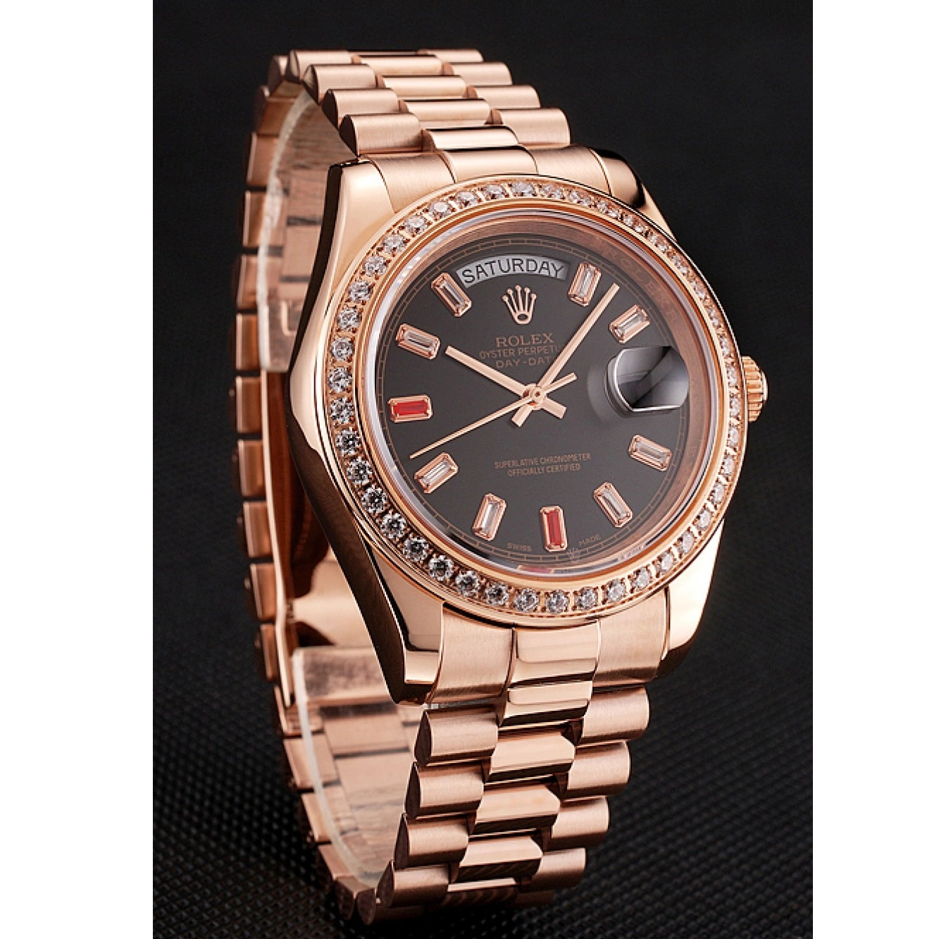 RepTime Watches 0301 Swiss Rolex Day-Date Diamonds And Rubies Black Dial Rose Gold Bracelet 1454102