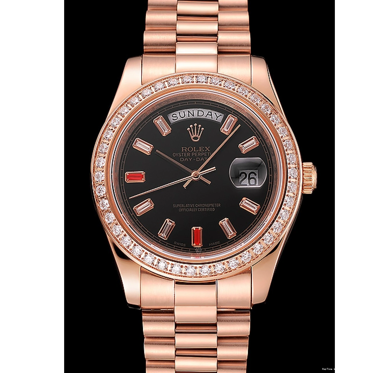 RepTime Watches 0301 Swiss Rolex Day-Date Diamonds And Rubies Black Dial Rose Gold Bracelet 1454102