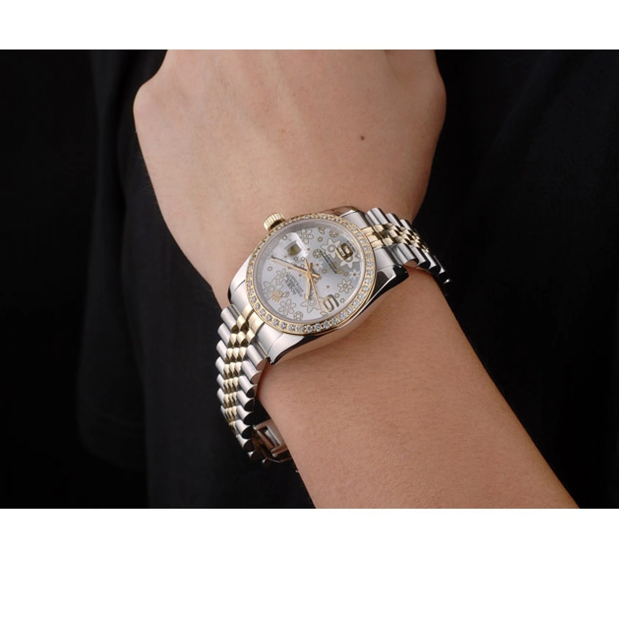 RepTime Watches 0308 Rolex DateJust Brushed Stainless Steel Case Silver Flowers Dial Diamonds Plated