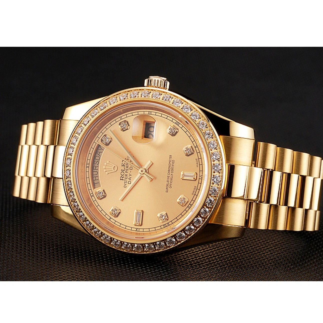 RepTime Watches 0307 Swiss Rolex Day-Date Champagne Dial Diamond Bezel Gold Bracelet 1454099