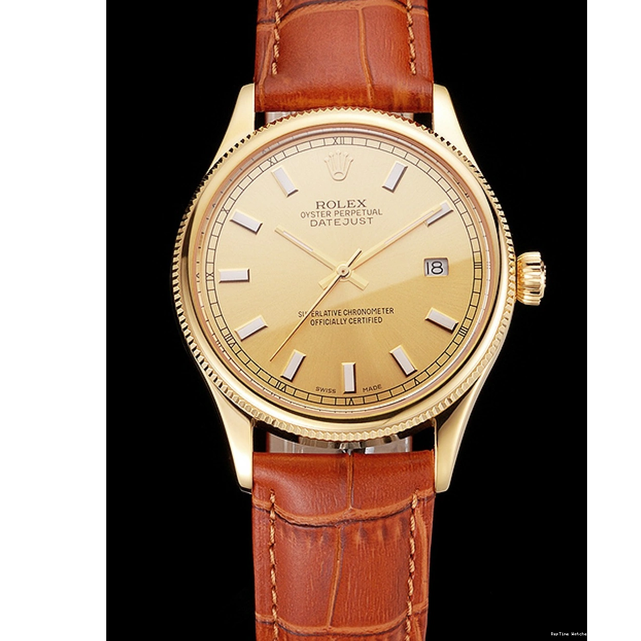 RepTime Watches 0302 Swiss Rolex Datejust Gold Dial Gold Case Light Brown Leather Strap