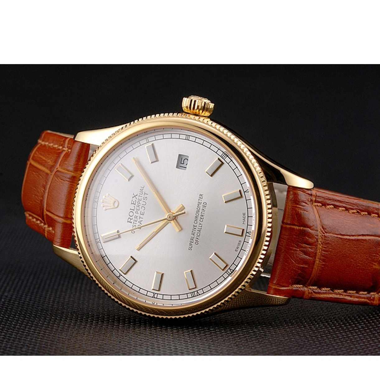 RepTime Watches 0307 Swiss Rolex Datejust White Dial Gold Case Light Brown Leather Strap