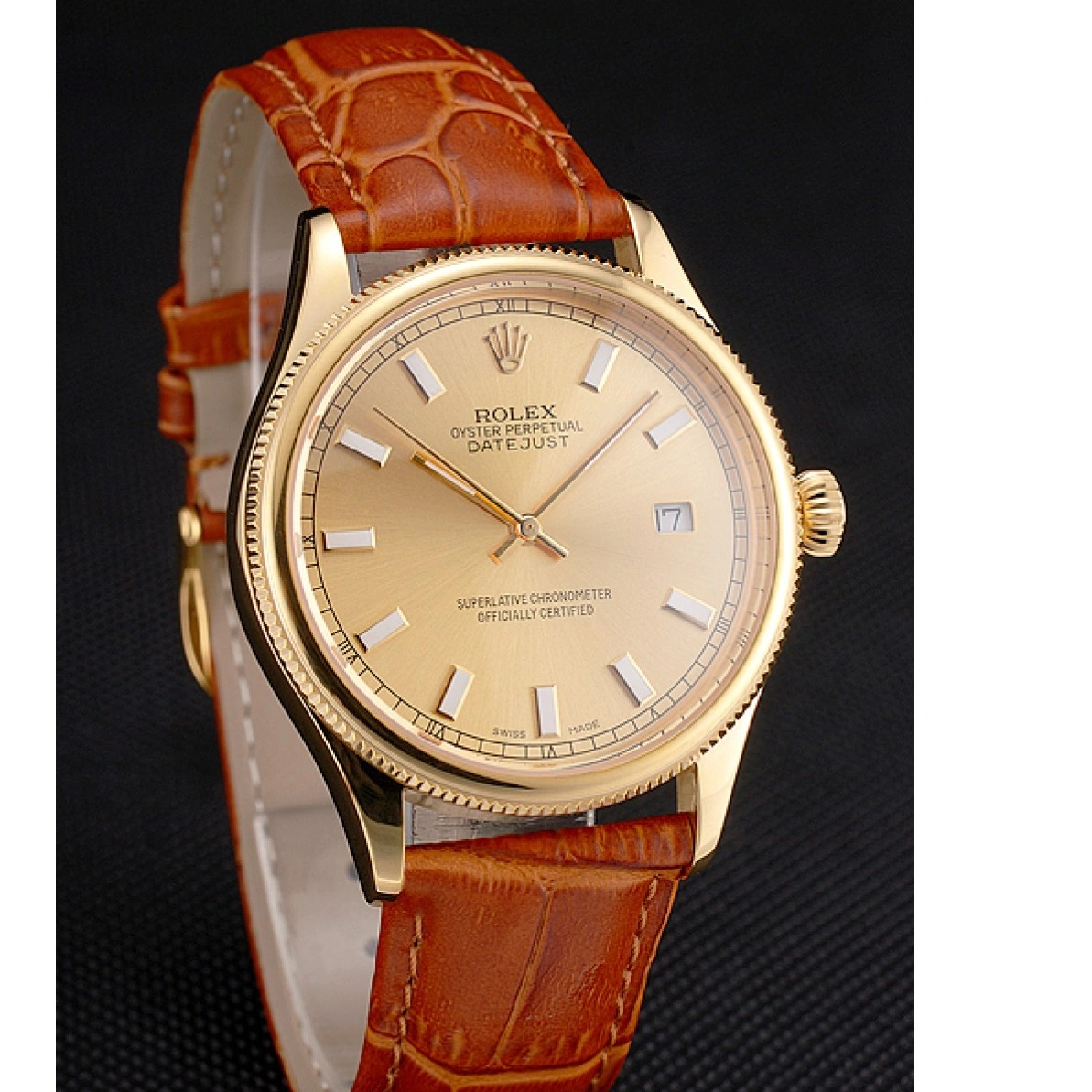 RepTime Watches 0302 Swiss Rolex Datejust Gold Dial Gold Case Light Brown Leather Strap