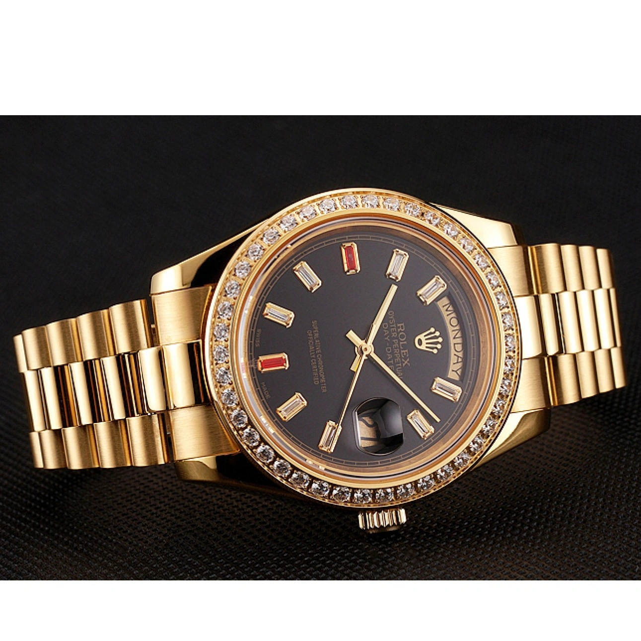 RepTime Watches 0307 Swiss Rolex Day-Date Diamonds And Rubies Black Dial Gold Bracelet 1454101