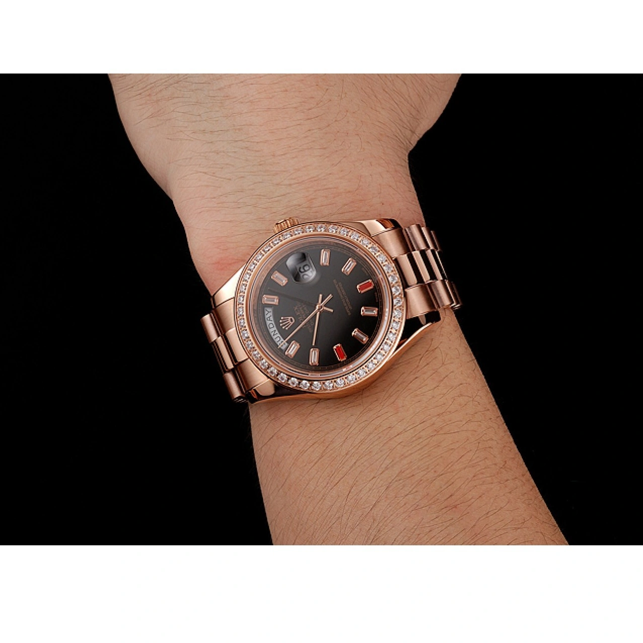 RepTime Watches 0301 Swiss Rolex Day-Date Diamonds And Rubies Black Dial Rose Gold Bracelet 1454102